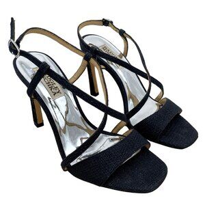 Badgley Mishka Ebiza Black Glitter Strappy Sandal Heels Stiletto Size 6 NEW!